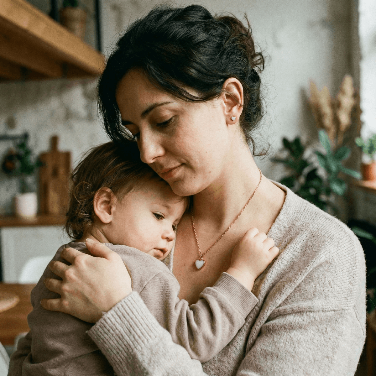 Jeune mère à la maison tenant tendrement son bébé contre elle, portant un collier cœur souvenir en résine symbolisant un arrêt allaitement en douceur.