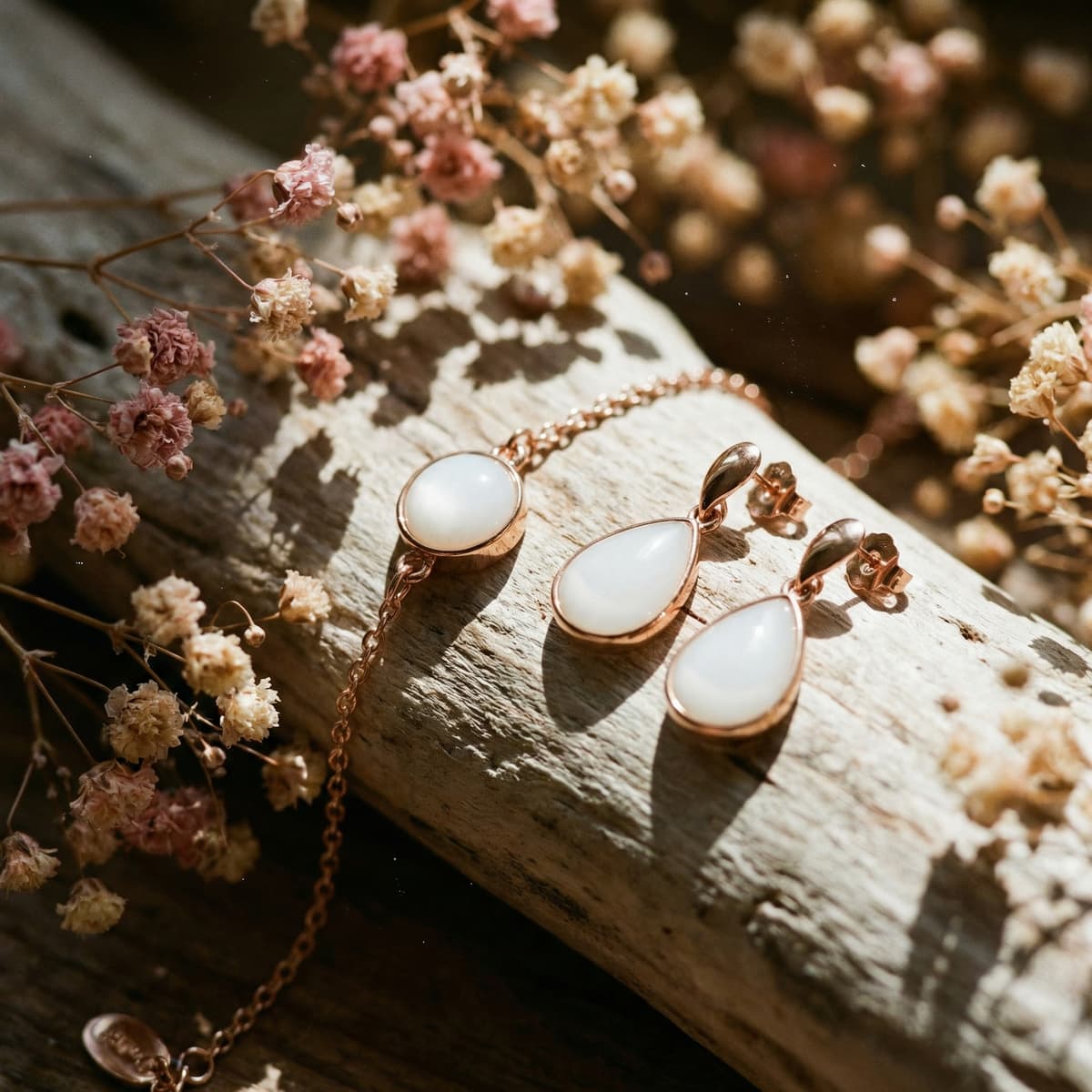 Bijoux souvenir pour l’arrêt allaitement : collier et boucles d’oreilles en métal rosé avec cabochons blancs en résine, posés sur un morceau de bois décoré de petites fleurs séchées.
