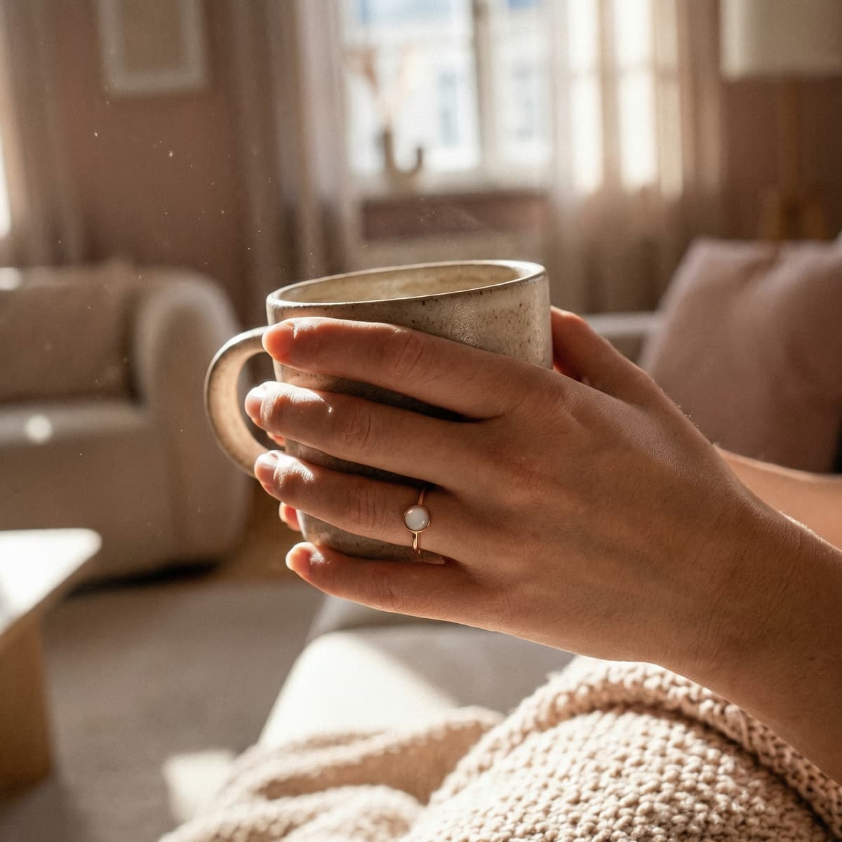 Une femme tenant une tasse près d’une fenêtre porte une bague en or rose avec une pierre ronde blanche, une bague lait maternel dans une ambiance cosy et lumineuse.