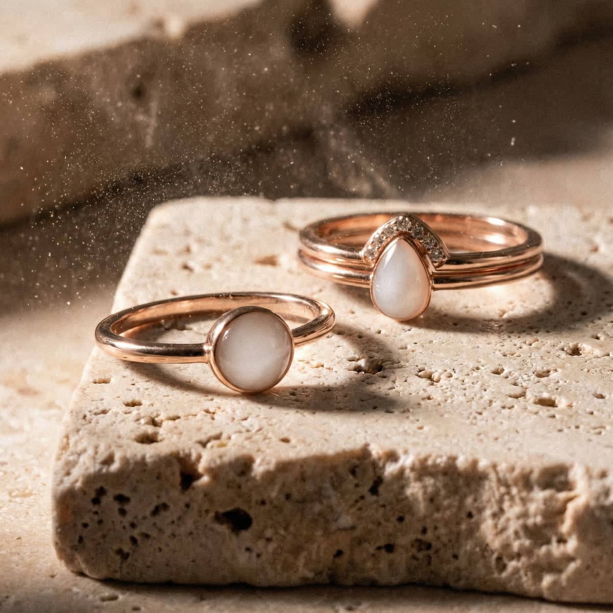 Deux bagues en métal rose avec pierre blanche opalescente, idéales comme bague lait maternel diy, posées sur une pierre texturée en lumière chaude.