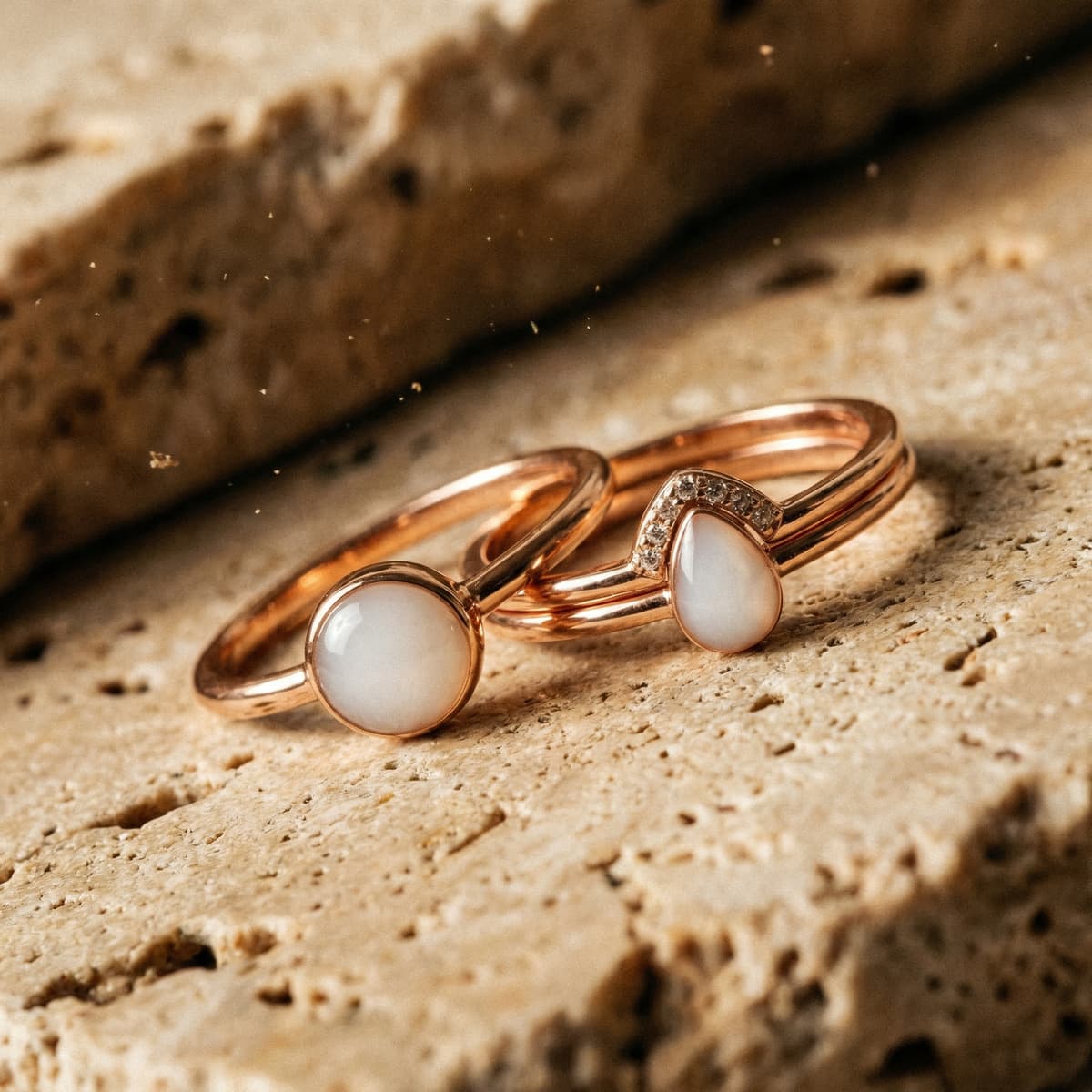 Gros plan de deux bagues en or rose, une bague souvenir allaitement avec cabochons blancs effet lait maternel et petits détails sertis, posées sur une pierre beige.