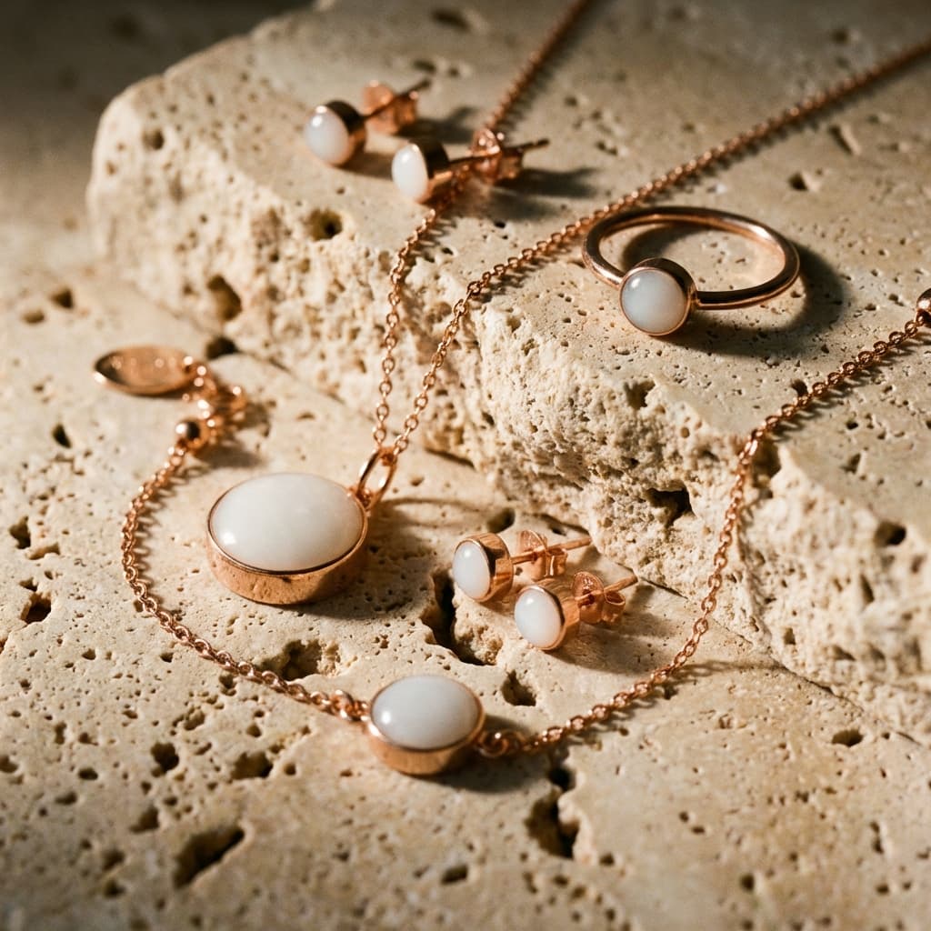 Collier, bague et boucles d’oreilles en plaqué or rose avec cabochons blancs, exemple de bijou en lait maternel, disposés sur une pierre naturelle.