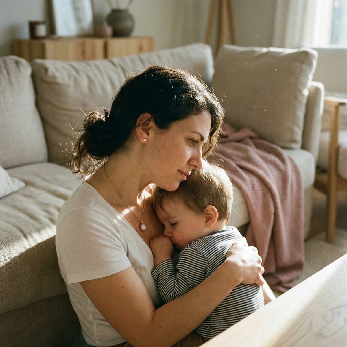 Maman assise sur un canapé, câlinant son bébé endormi, portant un collier délicat au pendentif nacré représentant un bijou fin d'allaitement dans une ambiance douce et lumineuse à la maison.