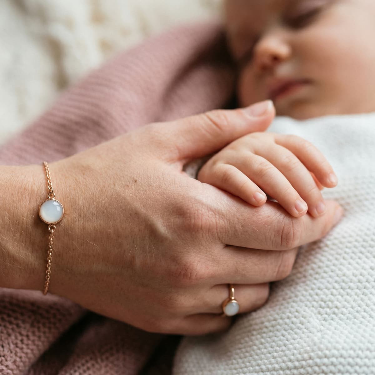Une mère tient la main de son bébé et porte un bijou fin d’allaitement : bracelet et bague dorés avec pierre lactée blanche, souvenir de maternité.
