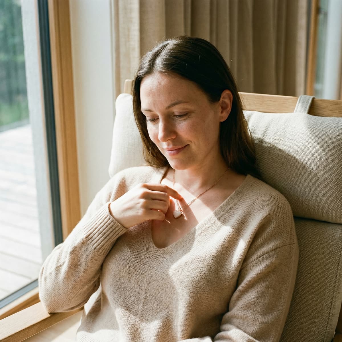 Femme assise près d’une fenêtre touchant un collier à pendentif cœur, un bijou souvenir lait fait maison qui illustre pourquoi choisir un kit DIY pour préserver un souvenir intime.