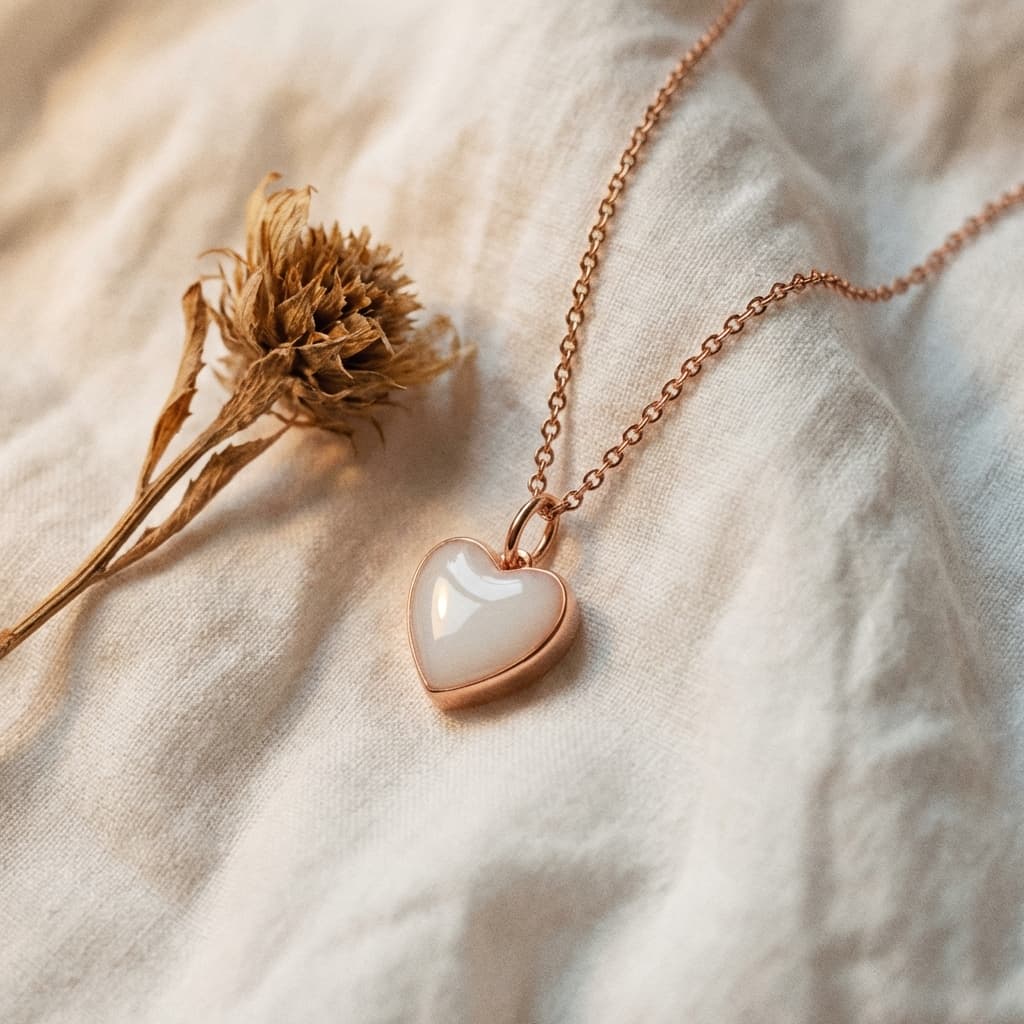 Collier pendentif cœur en finition or rose avec bijoux lait maternel blanc nacré, posé sur un tissu beige avec une fleur séchée en arrière-plan