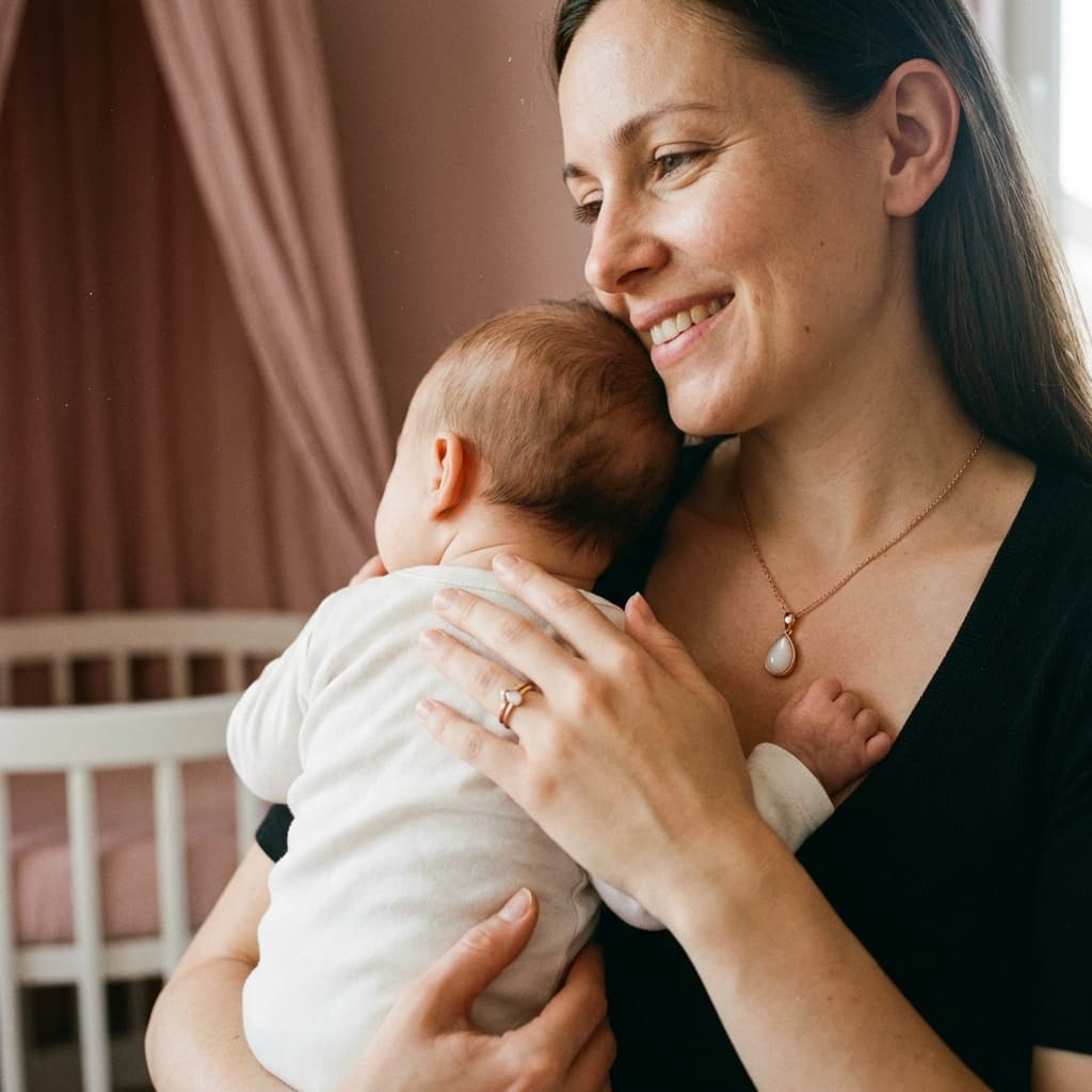 Maman souriante tenant son bébé dans une chambre douce, portant un collier goutte et une bague, illustrant les bijoux lait maternel et pourquoi un kit DIY permet de créer facilement un souvenir intime à la maison.