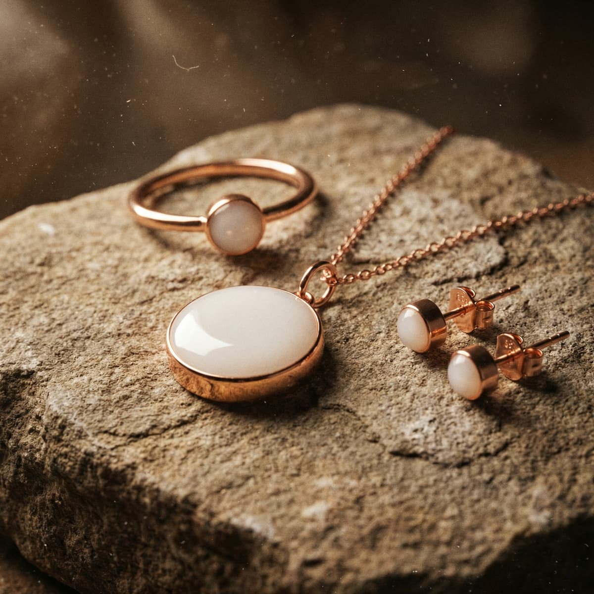 Ensemble de bijoux en finition or rose, comprenant un collier pendentif ovale blanc, une bague assortie et des boucles d’oreilles clous sur une pierre naturelle, présenté comme des bijoux lait maternel diy.