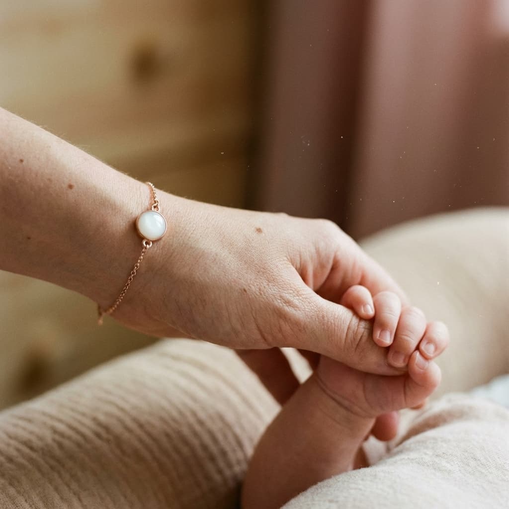 Main de maman tenant le petit pied de son bébé, portant un bracelet délicat au cabochon blanc rappelant des bijoux lait maternel diy, sur fond doux et chaleureux.