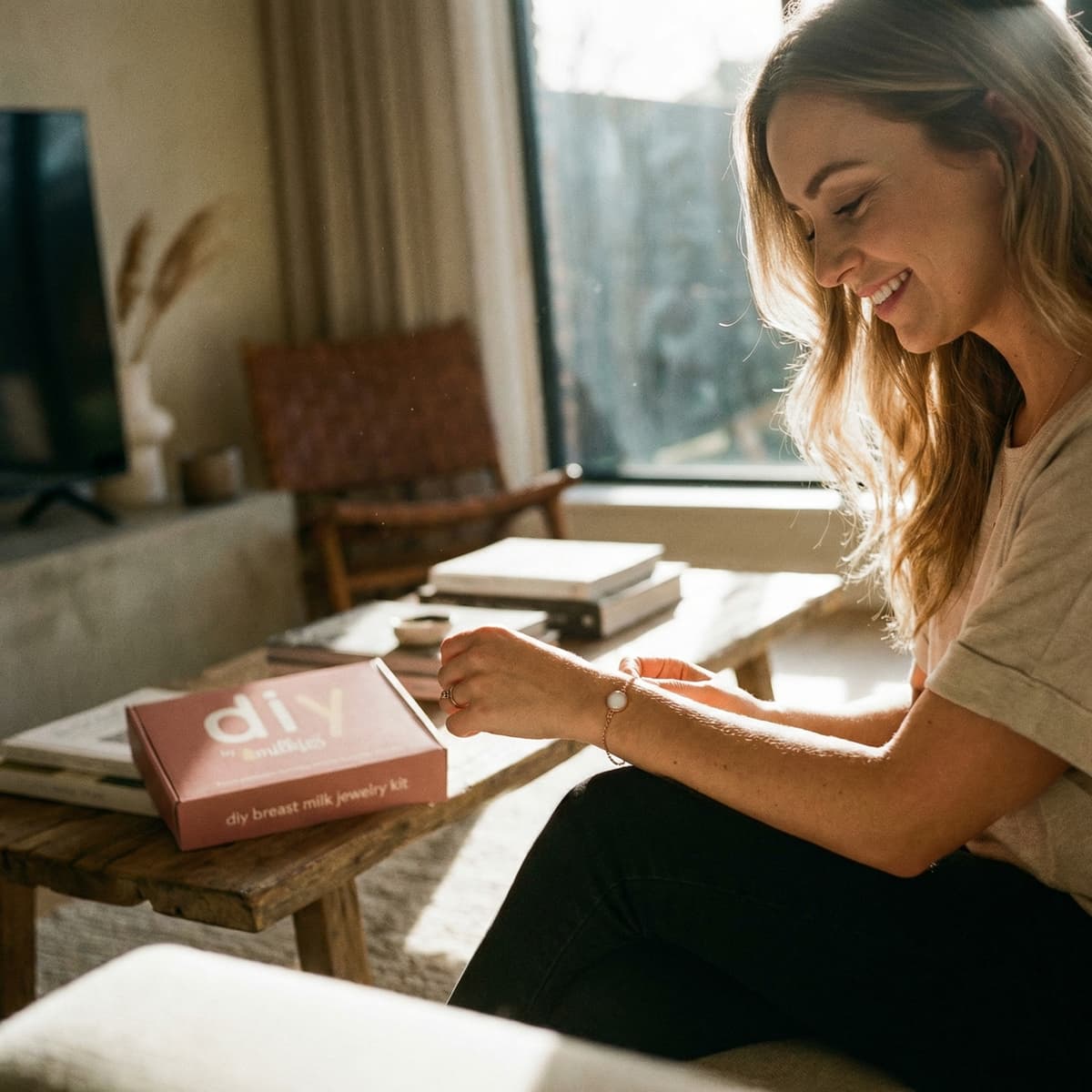 Dans un salon lumineux, une maman souriante crée des bracelets d'allaitement et autres souvenirs avec le kit DIY by MILKIES sur la table, montrant pourquoi le réaliser chez soi est une bonne idée.