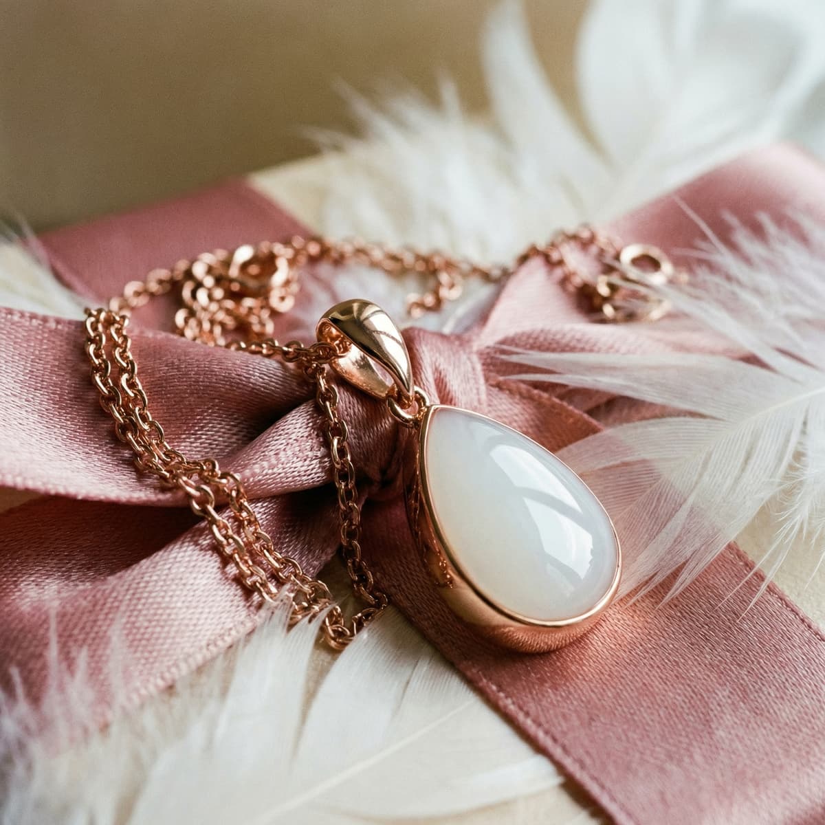Pendentif goutte en or rose avec pierre blanc laiteux, monté sur ruban rose avec plumes, idée élégante de cadeau accouchement maman symbolique.
