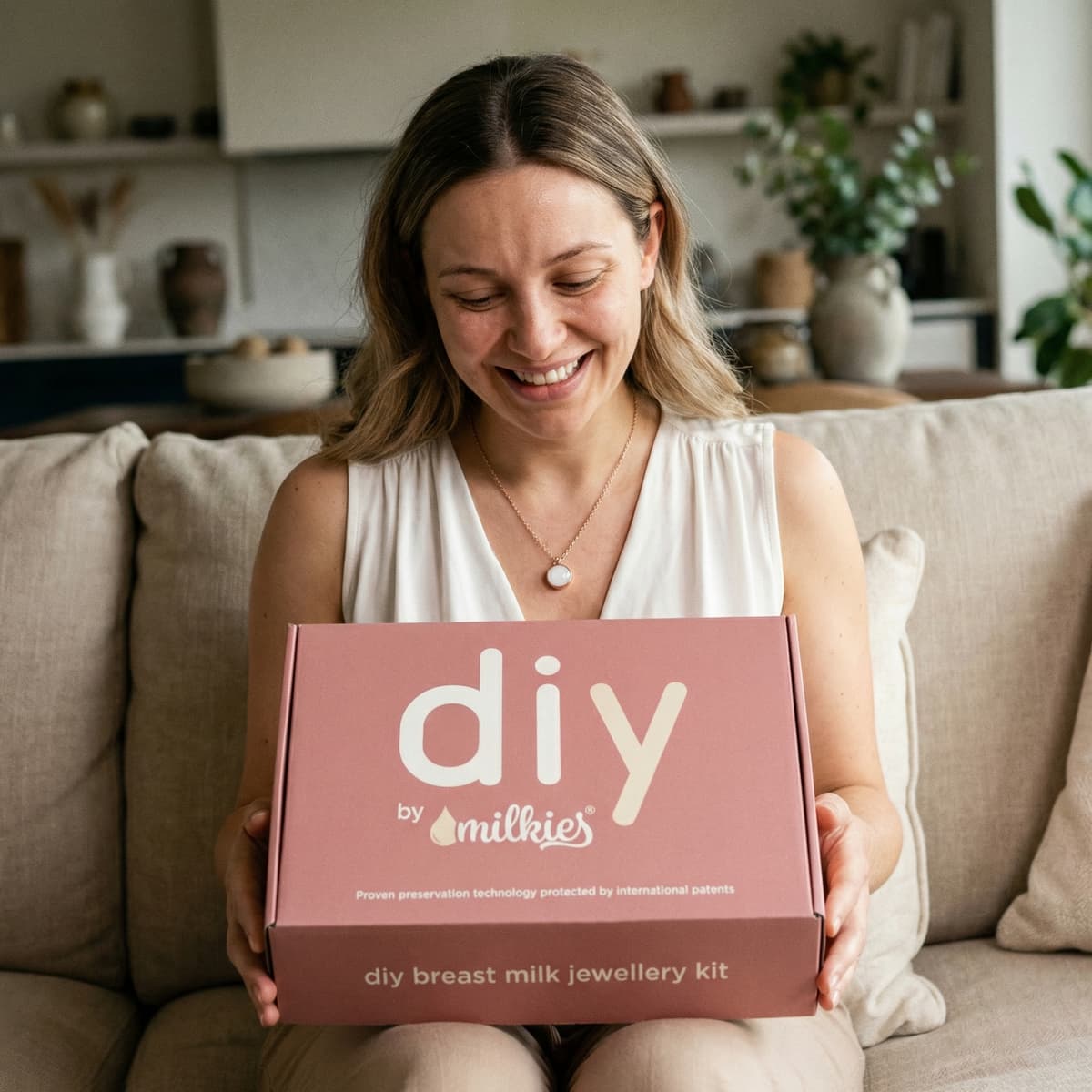 Une maman souriante assise sur un canapé tient le coffret DIY by MILKIES pour créer chez soi un bijou souvenir au lait maternel, une idée de cadeau accouchement maman pratique et rassurante.