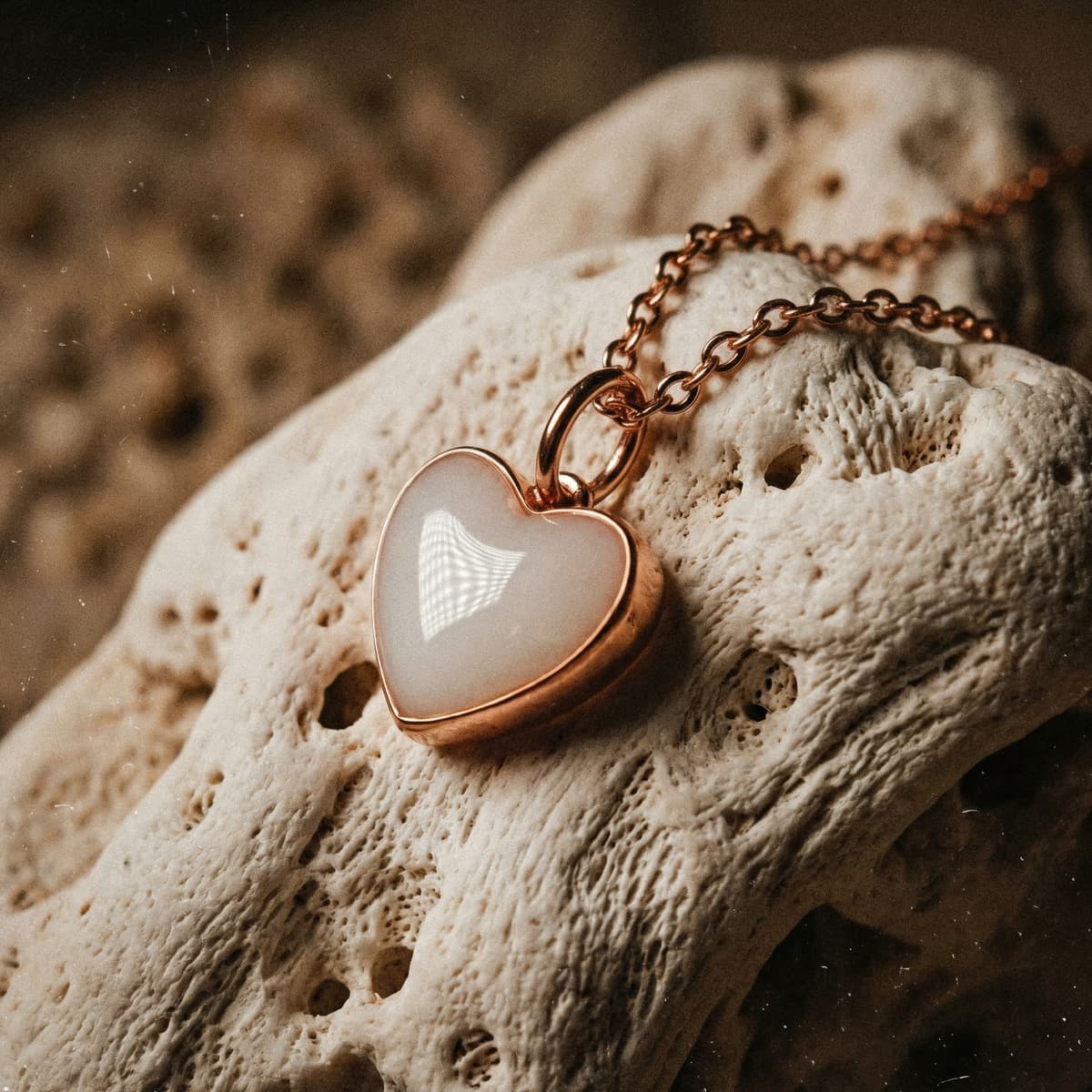 Collier cœur en métal doré rose avec pendentif blanc nacré, posé sur une pierre claire, une idée de cadeau femme enceinte élégante et symbolique.