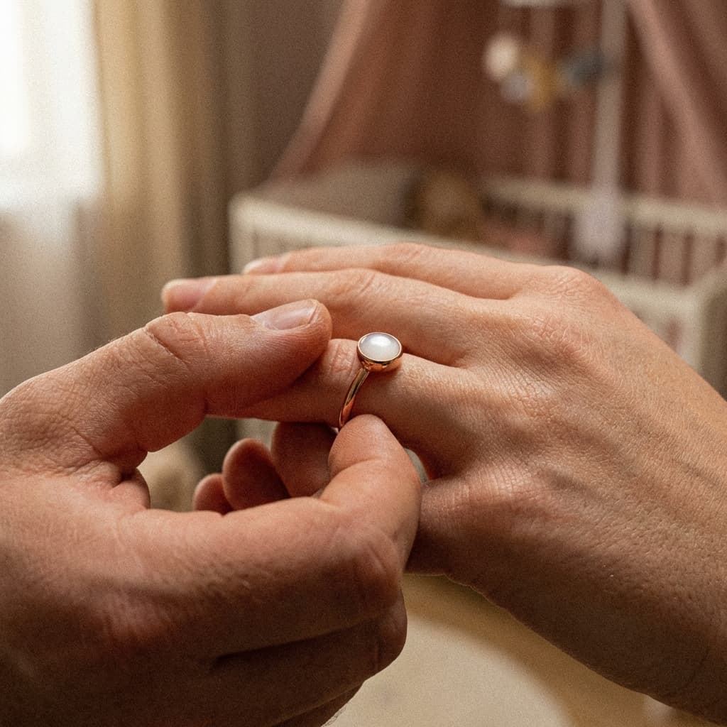 Une bague délicate en or rose avec pierre blanche, idéale comme cadeau jeune maman, tenue entre deux mains dans une chambre de bébé à l’ambiance douce.