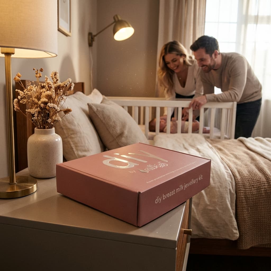 Dans une chambre cosy, la boîte rose DIY by MILKIES du kit bijoux au lait maternel est posée sur la table de chevet, une idée de cadeau jeune maman, tandis que les parents sourient près du berceau de leur bébé.