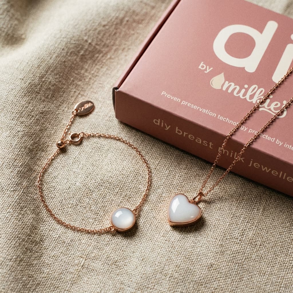 Idée de cadeau jeune maman : kit DIY by MILKIES pour créer un bijou souvenir au lait maternel, avec collier pendentif cœur et bracelet dorés près d’une boîte rose.