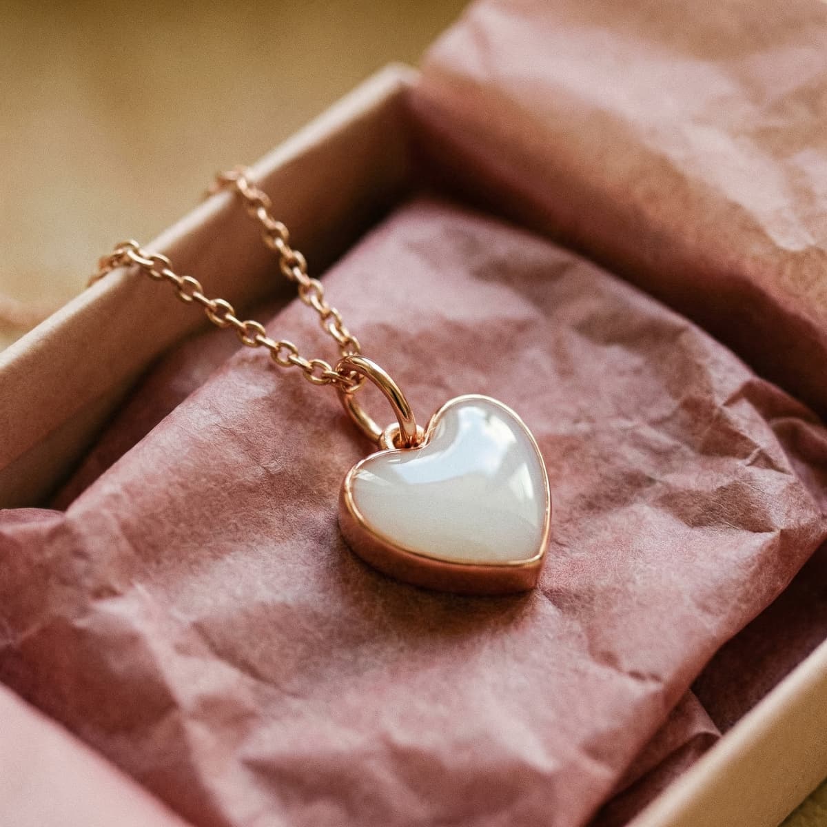 Collier cœur en plaqué or avec pierre laiteuse style lait maternel, présenté dans un écrin avec papier de soie rose, parfait comme cadeau maman allaitante.