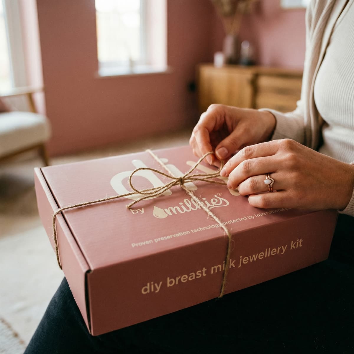 Une femme noue un ruban autour d’un coffret rose DIY by MILKIES, kit de bijoux en lait maternel à offrir comme cadeau nouvelle maman, dans une ambiance chaleureuse à la maison.