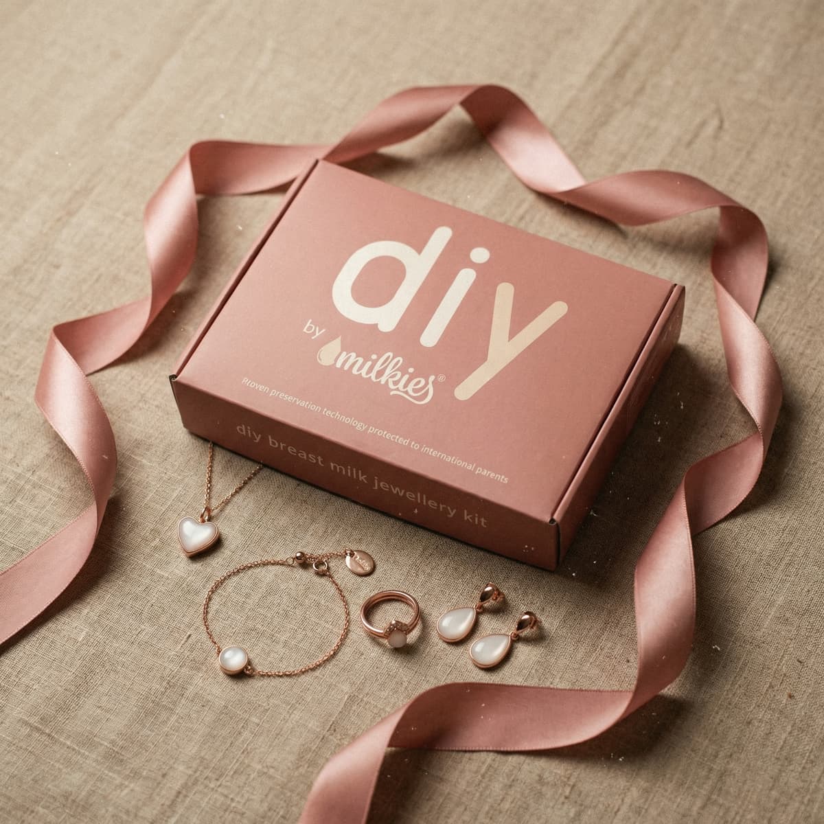 Coffret DIY by MILKIES, une idée de cadeau nouvelle maman pour créer des bijoux souvenir en lait maternel, avec collier, bracelet, bague et boucles d’oreilles présentés sur fond beige avec ruban rose.