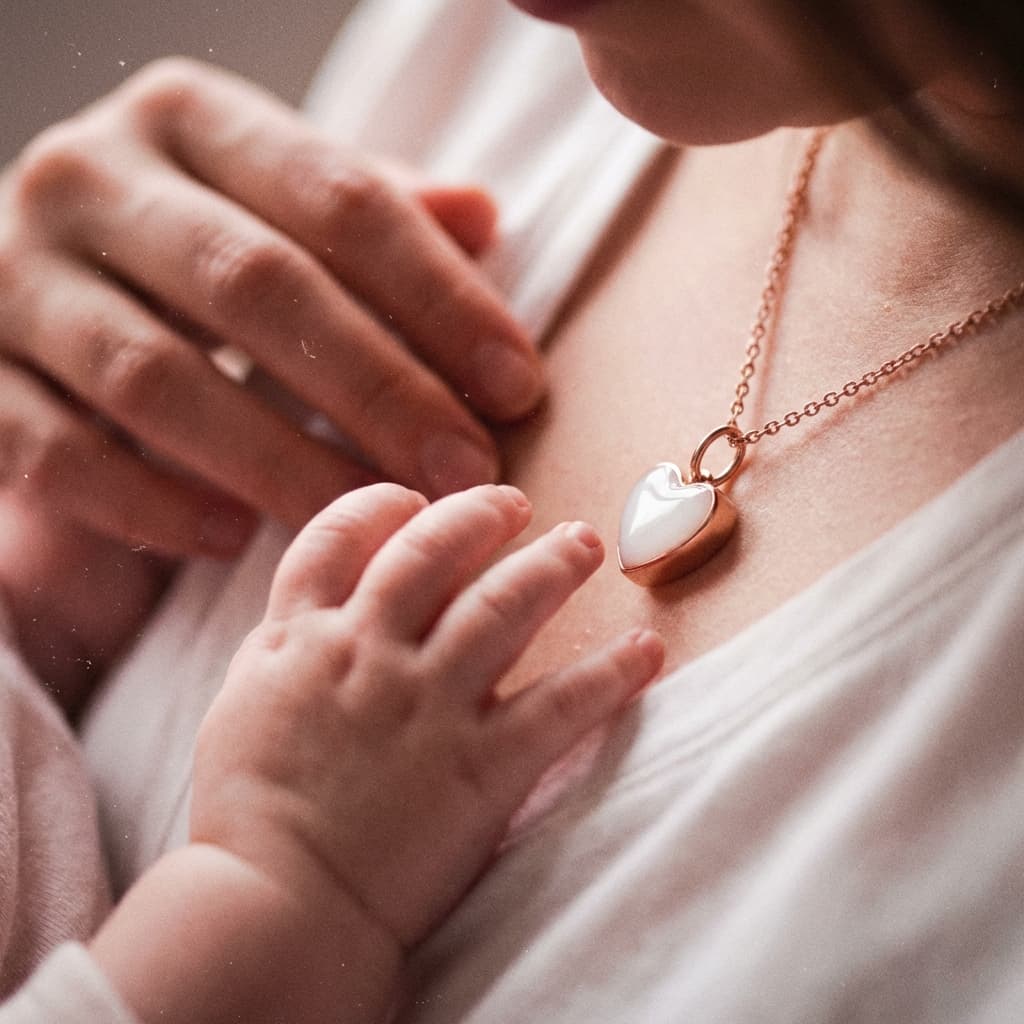 Gros plan d’une maman portant un pendentif cœur en résine blanche sur une chaîne dorée, type collier goutte de lait, tandis que la main du bébé touche son décolleté.