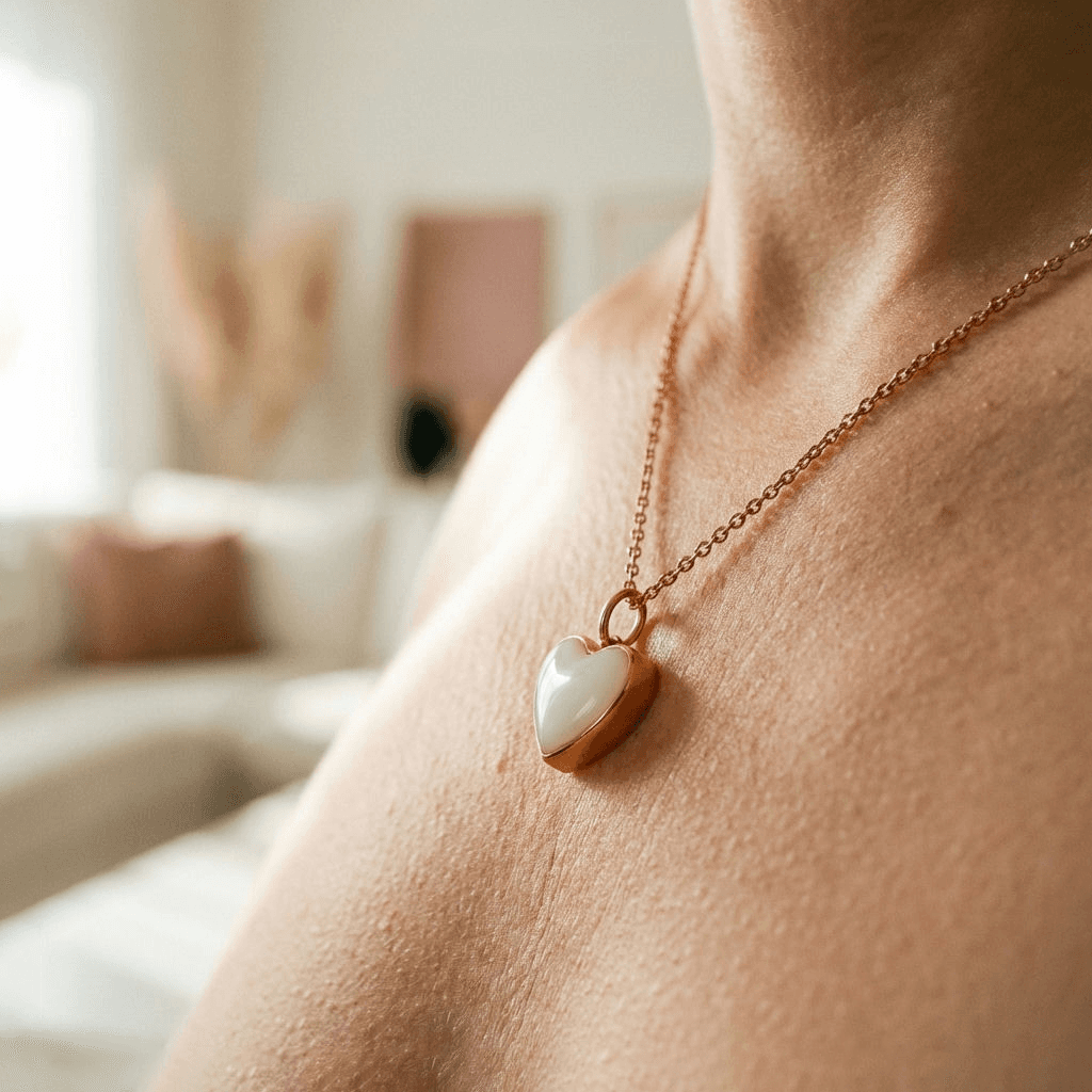 Gros plan d’un collier en résine avec pendentif cœur blanc, monture dorée, type collier lait maternel, porté au cou d’une femme dans un intérieur doux et lumineux.