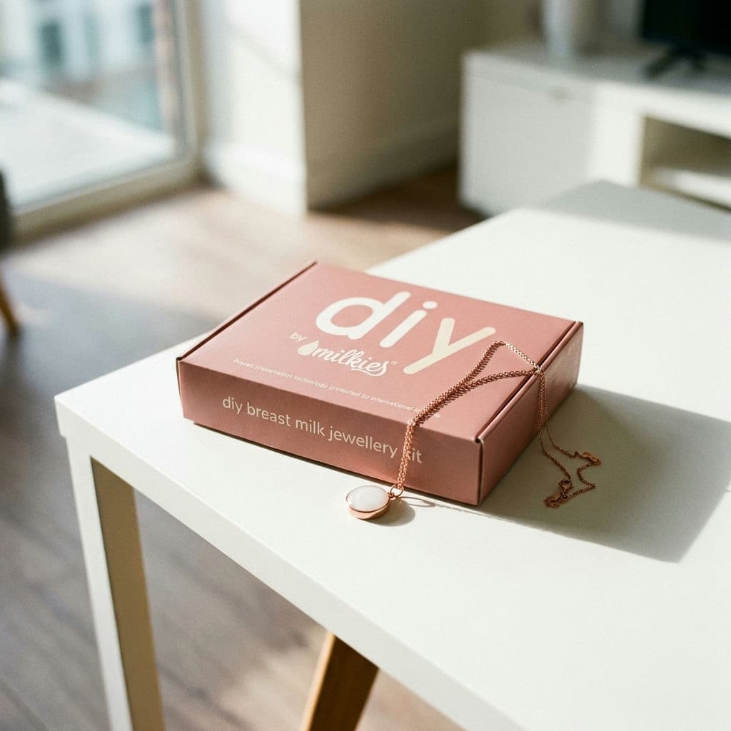 Boîte « DIY by Milkies » sur une table blanche avec un pendentif rond sur chaîne dorée, kit à faire soi‑même pour créer un collier lait maternel à la maison.