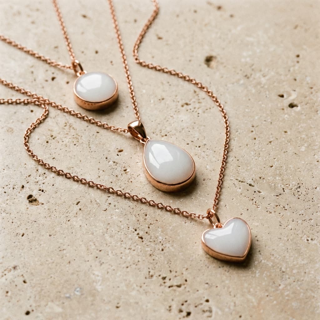 Trois pendentifs en métal doré rose posés sur une surface en pierre claire, dont un collier lait maternel avec pierre blanche laiteuse en formes goutte, cercle et cœur.