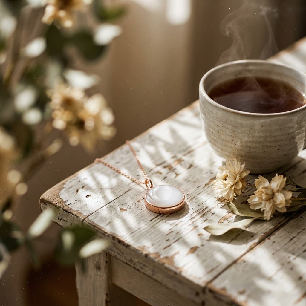 Pendentif rond blanc serti or rose, exemple de collier lait maternel diy, posé sur une table en bois patinée près d’une tasse fumante et de fleurs séchées sous une lumière douce.