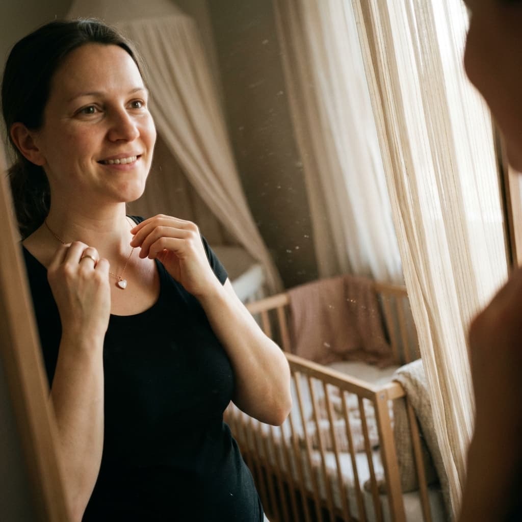 Maman souriante ajustant devant un miroir un collier lait maternel diy avec pendentif en forme de cœur, dans une chambre de bébé lumineuse avec berceau en arrière-plan.