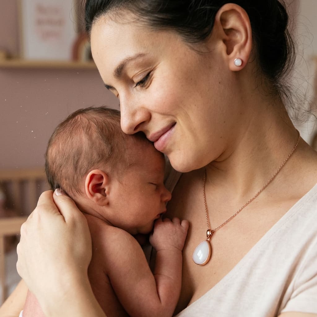 Jeune maman tenant son nouveau-né contre elle, portant un collier pendentif blanc symbolisant les diy bijoux lait maternel, une idée précieuse pour créer et préserver à la maison un souvenir intime.