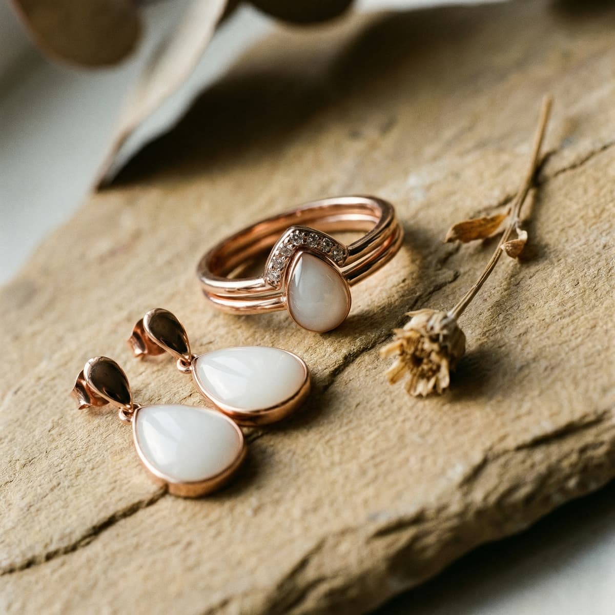 Bijoux en or rose avec pierre blanche en forme de goutte (bague et boucles d’oreilles) posés sur une pierre naturelle, une idée cadeau naissance maman élégante et symbolique.