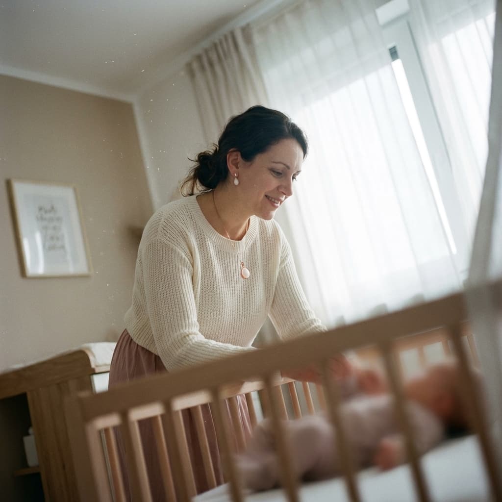 Maman souriante près du berceau de son bébé dans une chambre lumineuse, portant un pendentif souvenir créé avec un kit bijou allaitement.