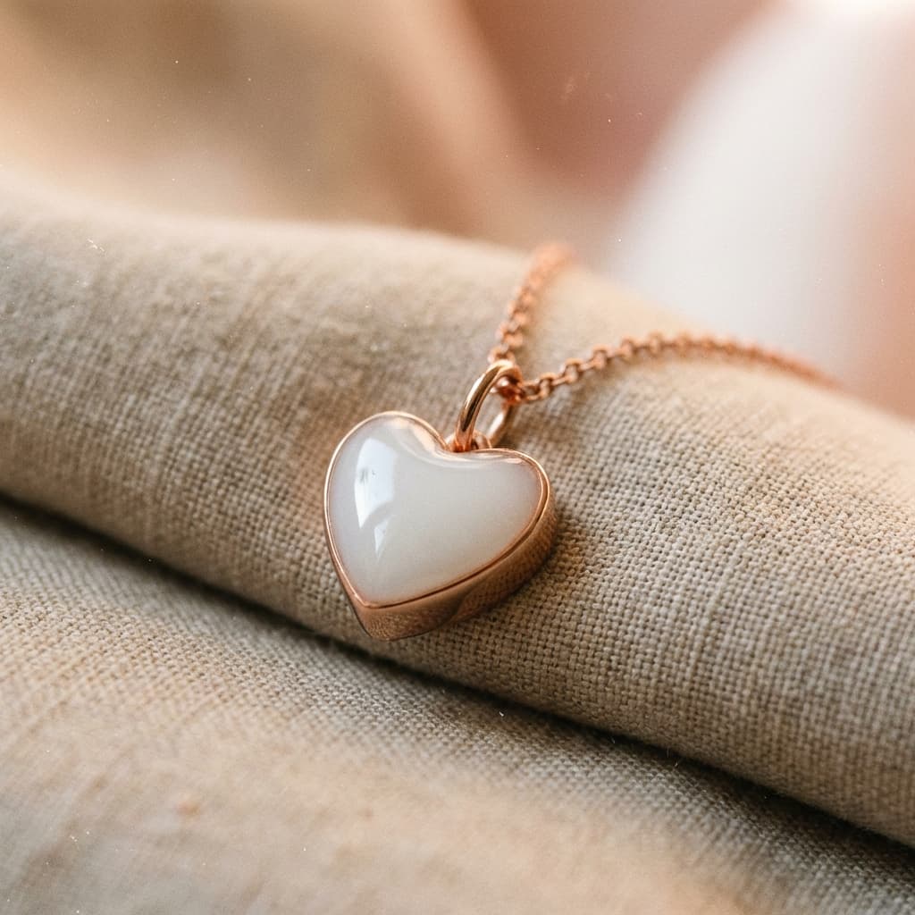 Gros plan d’un collier cœur en résine blanche sur une chaîne rose dorée, exemple de bijou souvenir réalisé à la maison avec un kit collier lait maternel DIY by MILKIES.