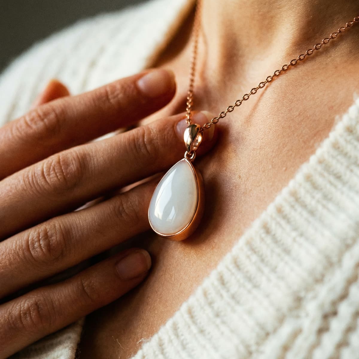 Gros plan d’un collier chaîne dorée porté au cou avec pendentif goutte blanc nacré, bijou souvenir réalisé grâce à un kit pendentif lait maternel.