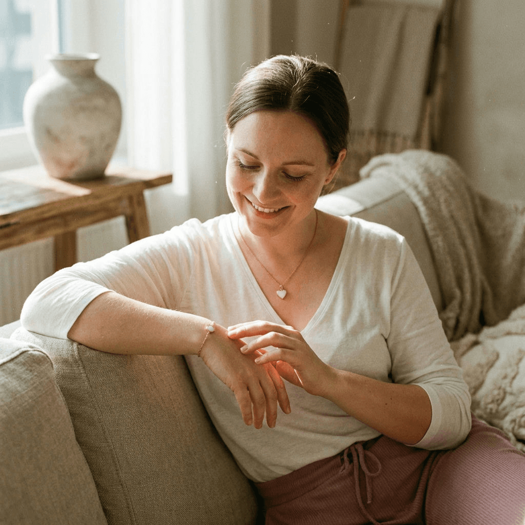 Jeune maman souriante assise sur un canapé, regardant son bracelet et son collier cœur, illustrant pourquoi choisir un kit résine lait maternel DIY pour créer chez soi un bijou souvenir intime et durable.