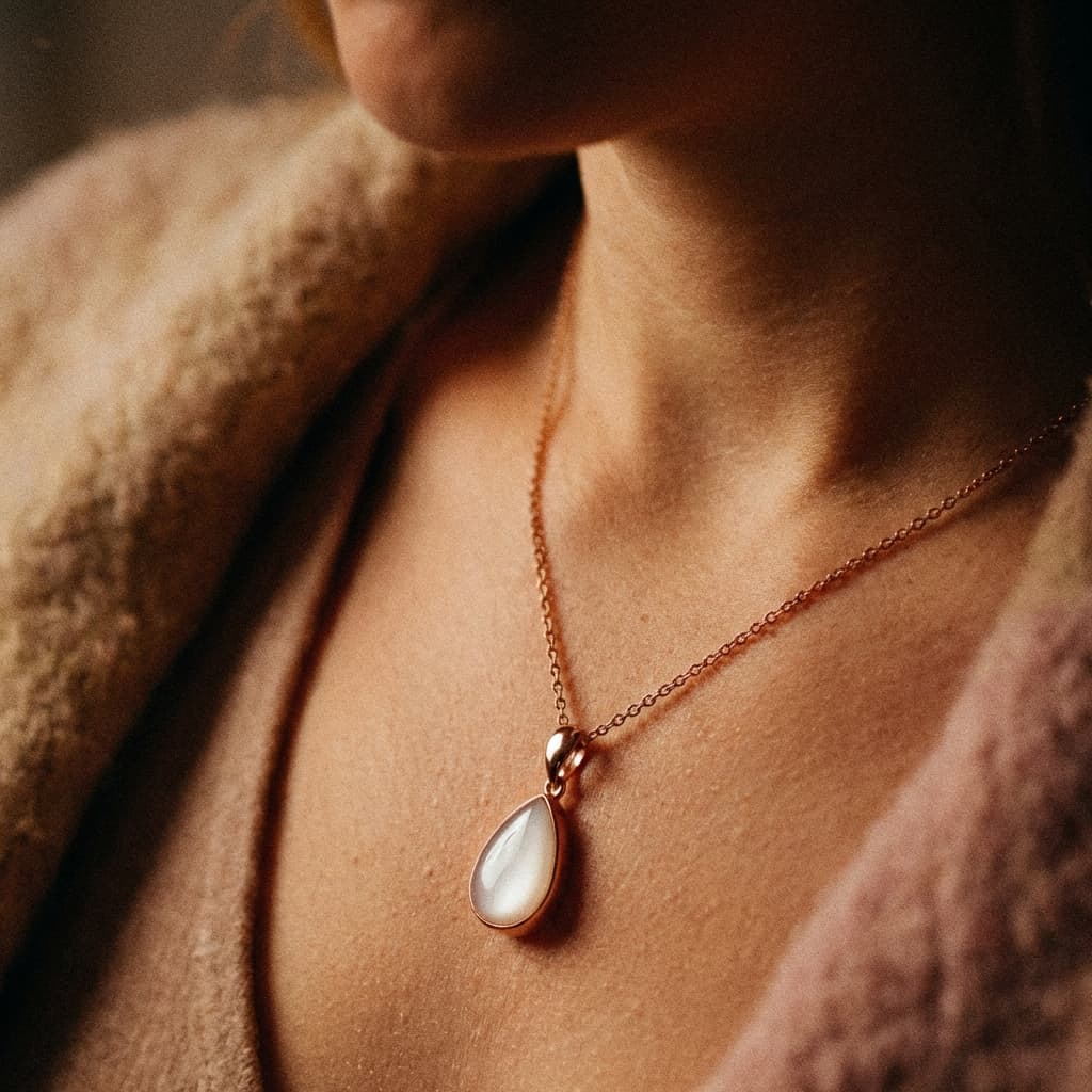 Gros plan d’un collier porté au cou avec un pendentif en forme de goutte, médaillon lait maternel blanc nacré serti de métal doré rosé sur une chaîne fine.