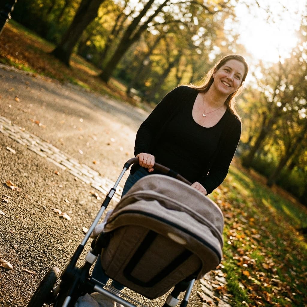 Maman souriante promenant une poussette dans un parc ensoleillé, portant un collier souvenir avec un médaillon lait maternel.
