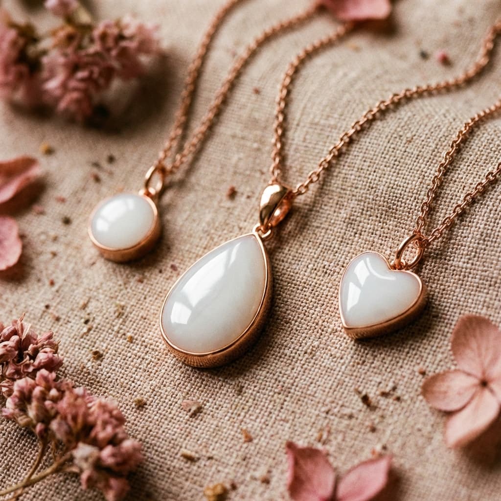 Trois bijoux souvenir sur toile beige, dont un médaillon lait maternel en résine blanche sur chaîne rose gold, avec pendentifs ovale, rond et cœur entourés de pétales roses.