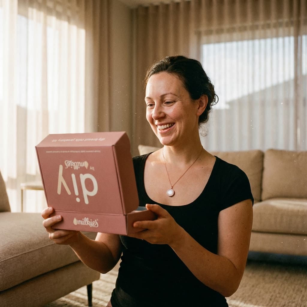 Jeune maman souriante à la maison ouvrant un kit DIY by MILKIES, portant un médaillon lait maternel au cou, illustrant pourquoi créer son souvenir soi-même à domicile est une bonne idée.