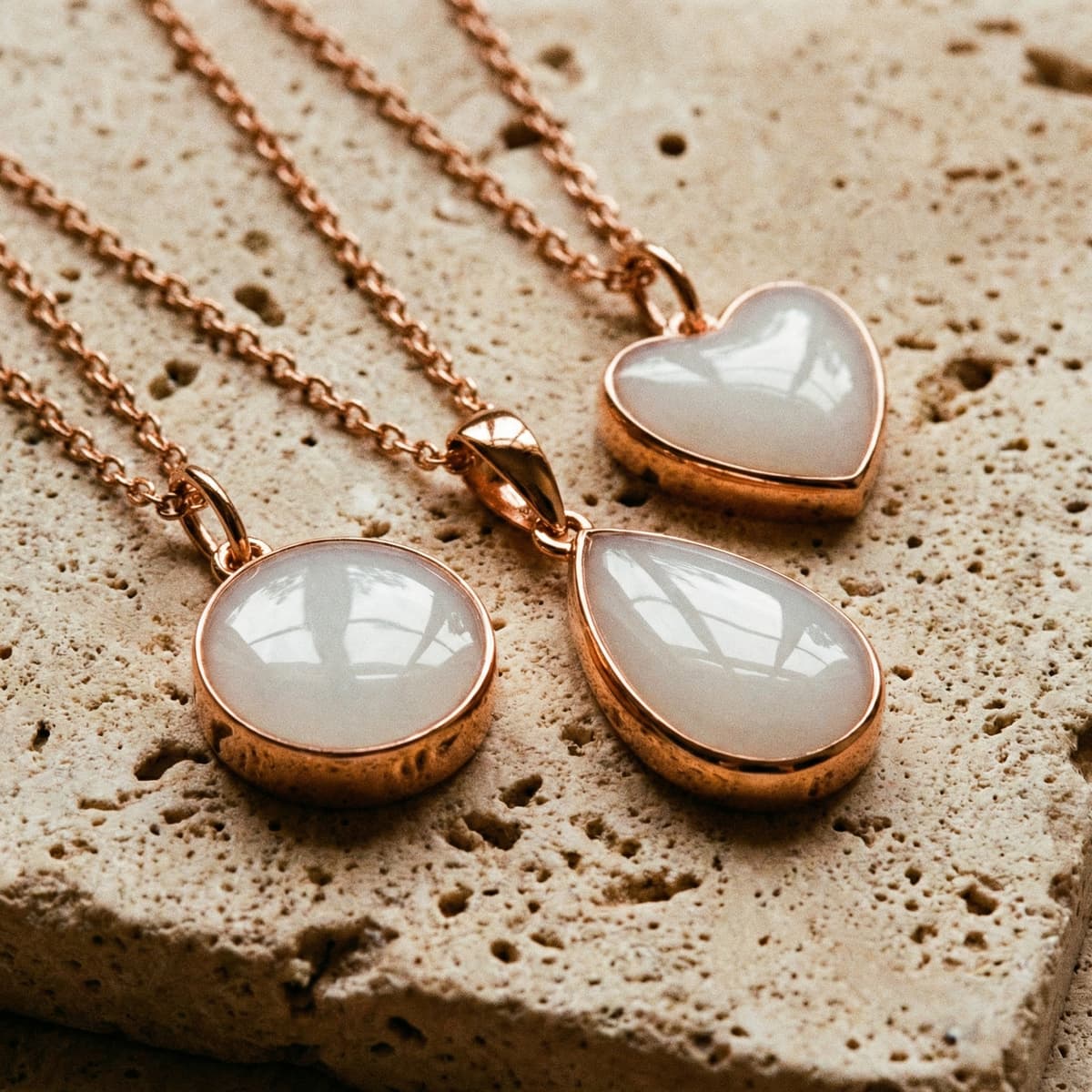 Trois colliers en or rose avec pendentifs blancs (rond, goutte et cœur), illustrant un pendentif lait maternel diy, posés sur une pierre texturée.