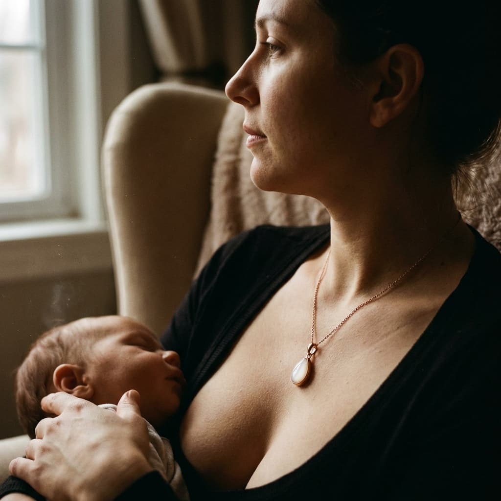 Jeune maman allaitant son bébé près d’une fenêtre, portant un collier avec un pendentif en résine rappelant un pendentif lait maternel diy, souvenir intime et élégant.