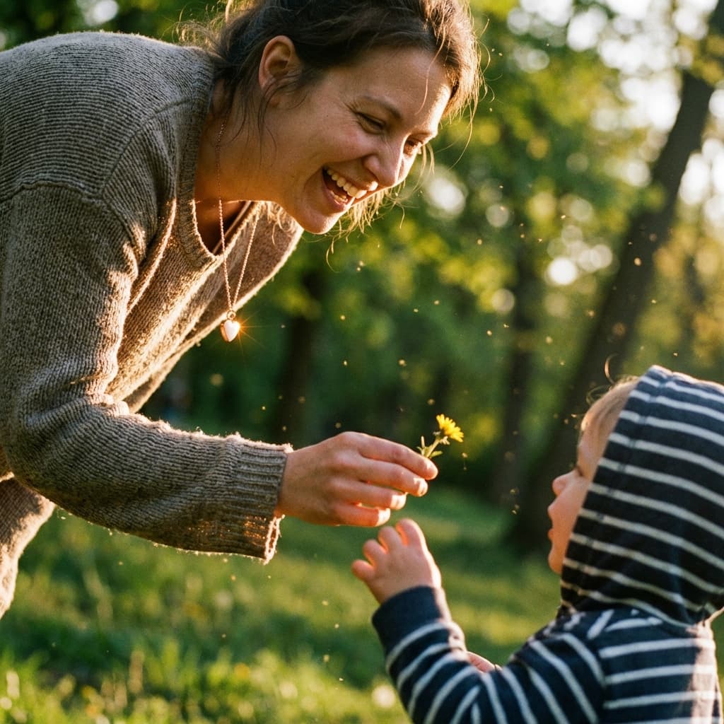 Maman souriante en extérieur offrant une petite fleur à son enfant, portant un collier cœur rappelant un pendentif lait maternel diy en souvenir précieux.