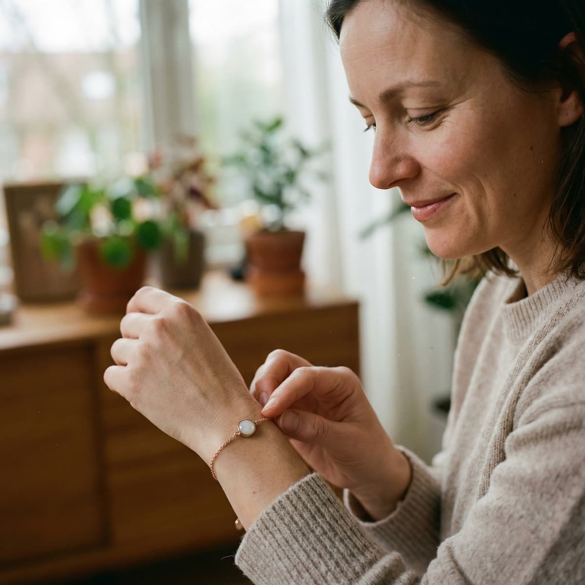 Une femme ajuste un bracelet délicat avec une perle lait maternel bracelet, illustrant pourquoi choisir le kit DIY by MILKIES permet de créer facilement chez soi un souvenir précieux en toute intimité.