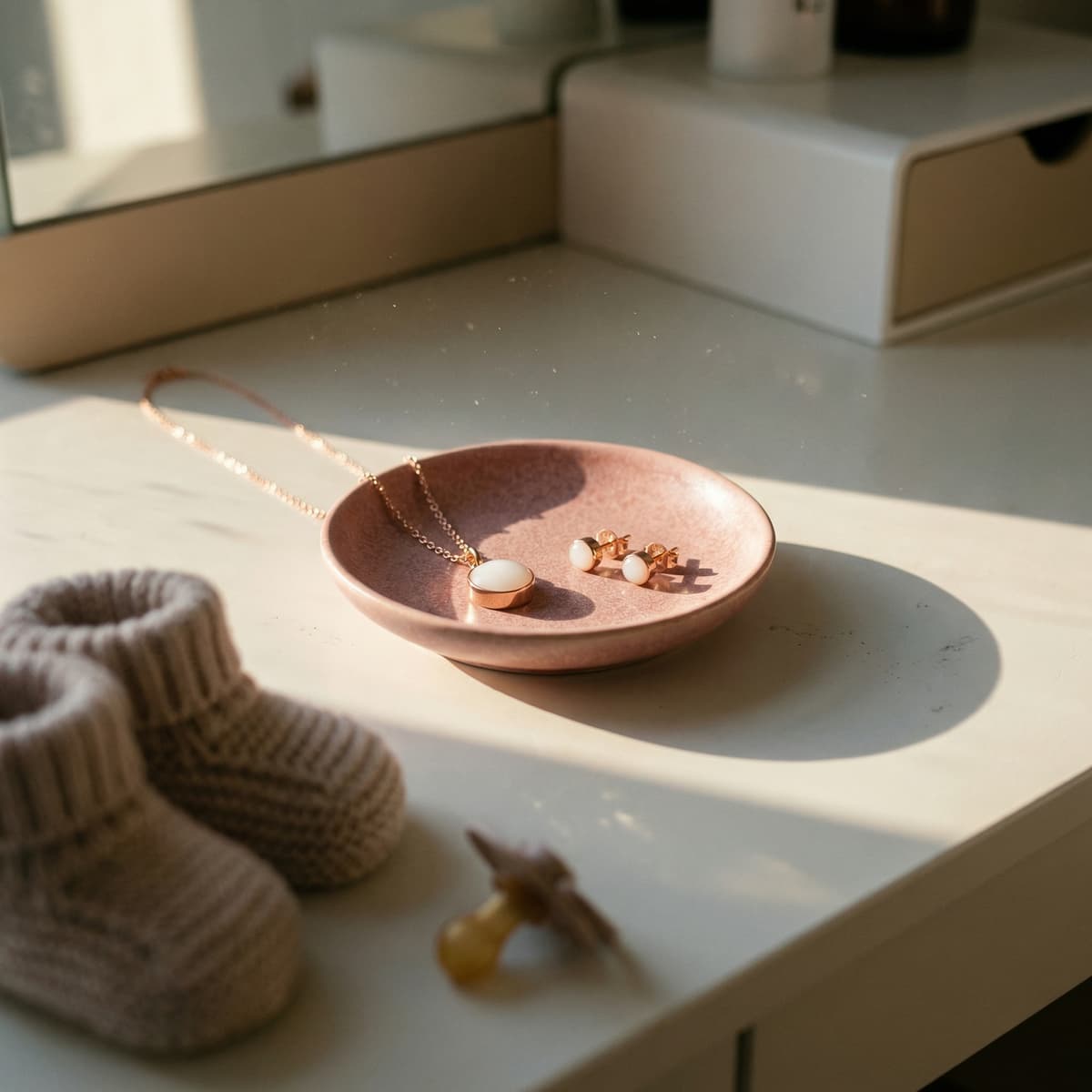 Sur une commode lumineuse, un collier et des boucles d’oreilles dorés avec pierre blanche reposent dans une coupelle rose, idée de souvenir allaitement délicat près de chaussons de bébé.