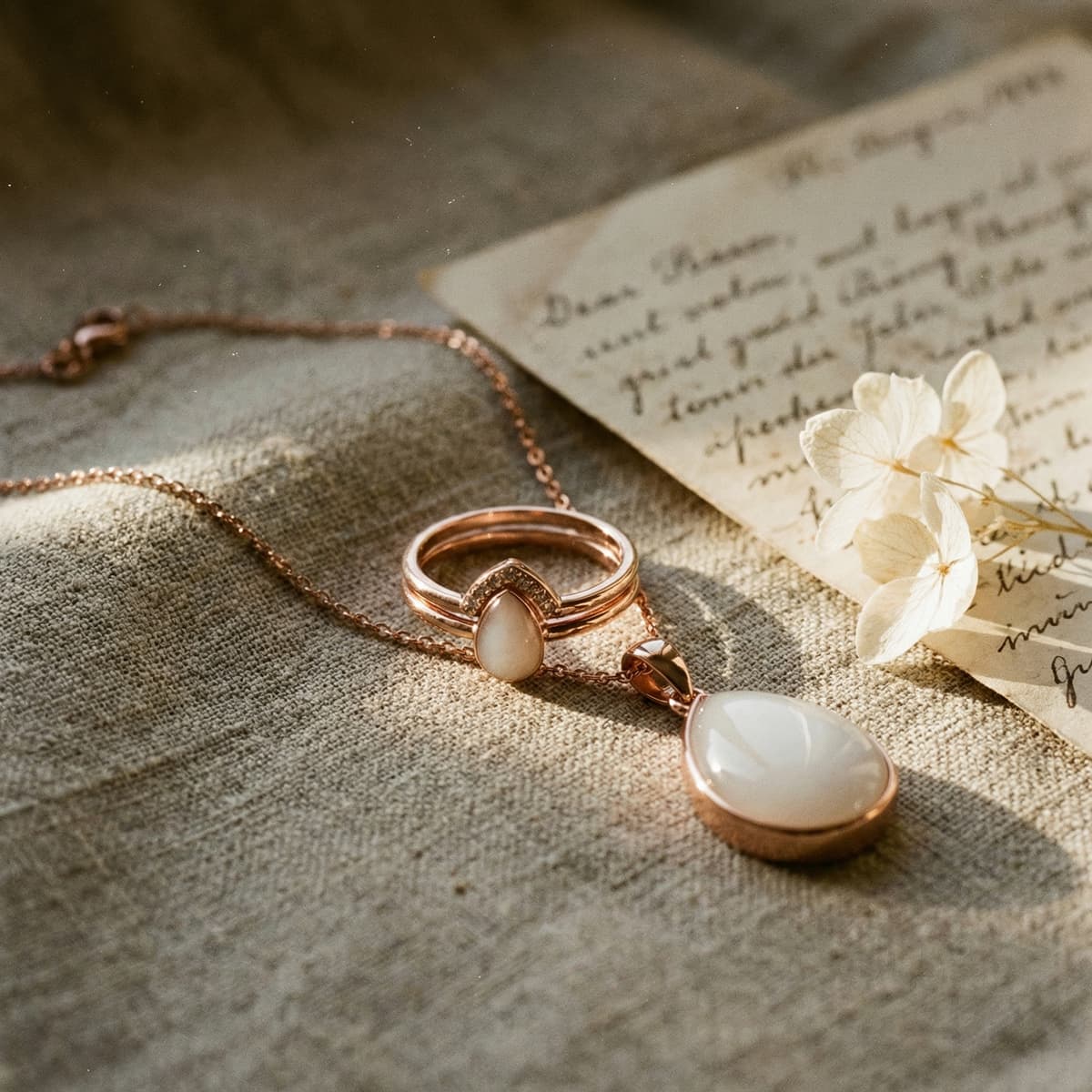 Collier et bague en métal doré rose avec pierre blanche, un élégant souvenir allaitement posé sur un tissu beige près d’une lettre manuscrite et de fleurs blanches.