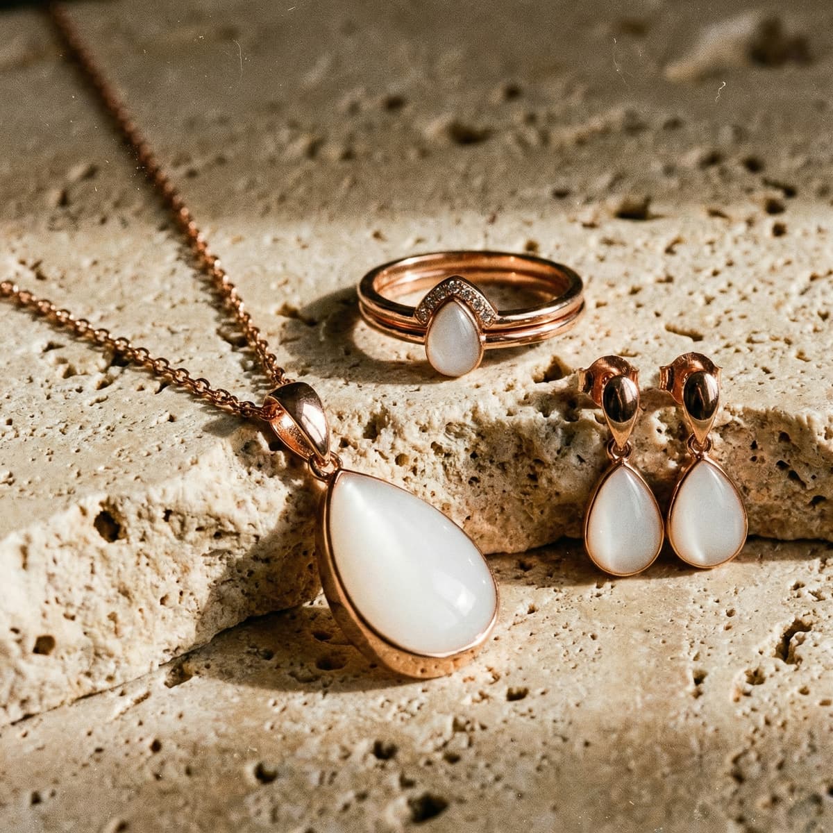 Bijoux en plaqué or rose avec pierre blanche en forme de goutte, comprenant collier, bague et boucles d’oreilles posés sur une pierre texturée, parfaits comme souvenir maternité.