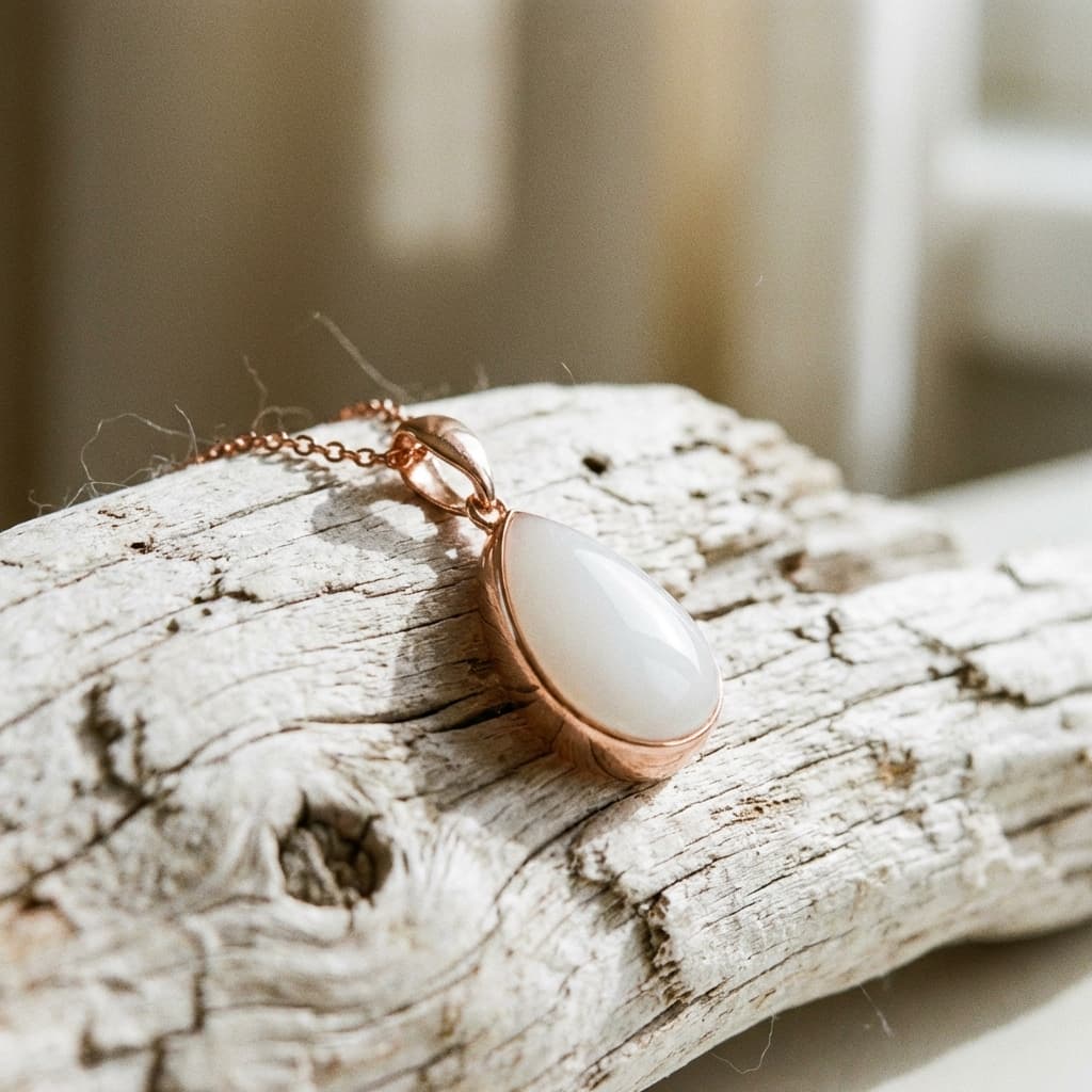 Photo d’inspiration pour un tuto bijou lait maternel montrant un collier pendentif en forme de goutte, monture rose doré et pierre blanche laiteuse, posé sur un fond en bois clair.