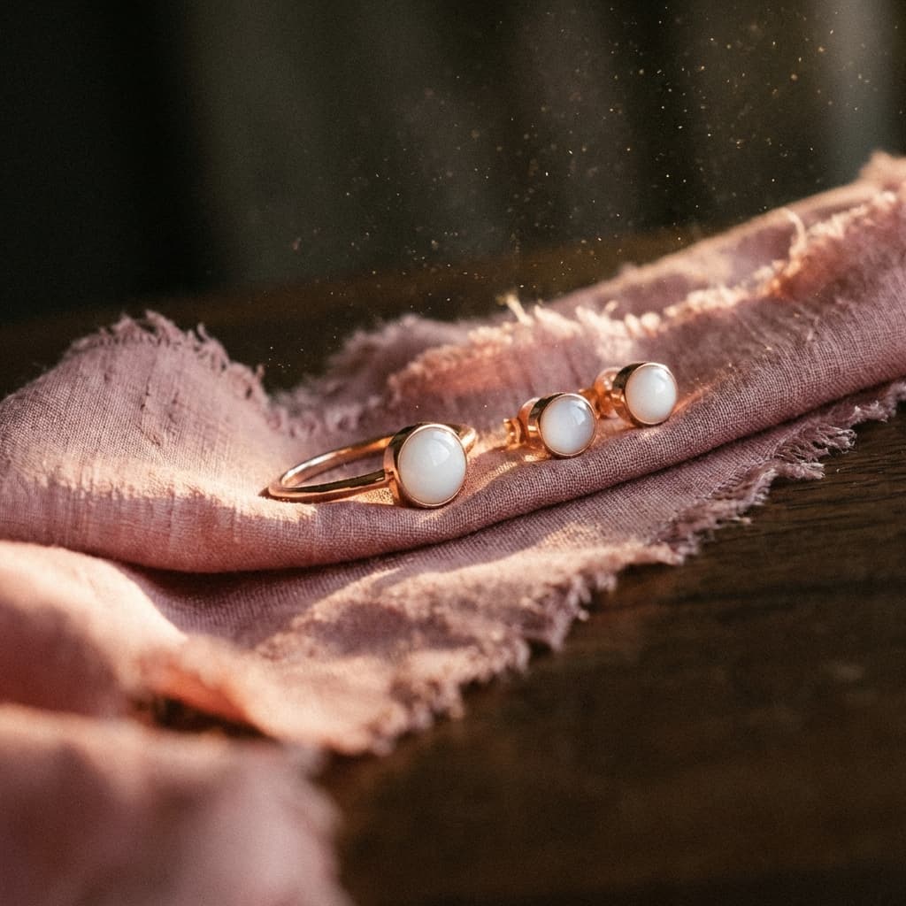 Bijoux en or rose avec cabochons blancs façon lait maternel sur un tissu rose au soleil, illustrant un tuto bijou lait maternel pour créer une bague et des boucles d’oreilles souvenir.