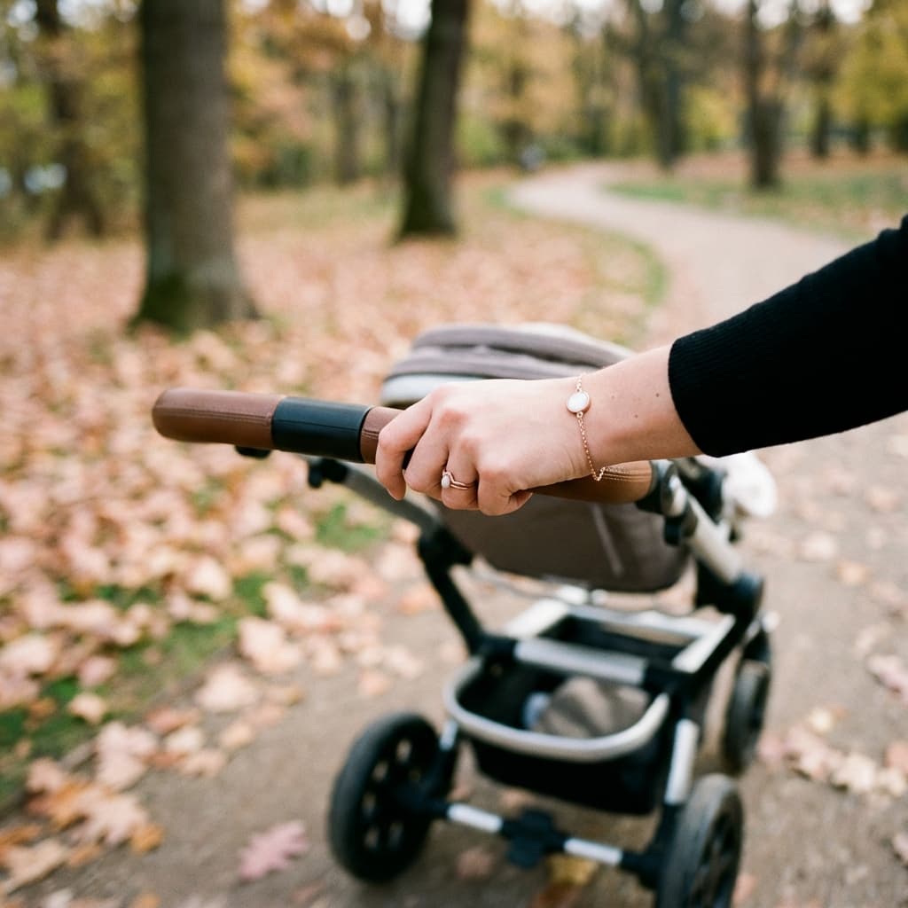Dans un parc d’automne, une maman pousse une poussette et porte un délicat bracelet en or avec pierre blanche, un bijou d'allaitement souvenir.
