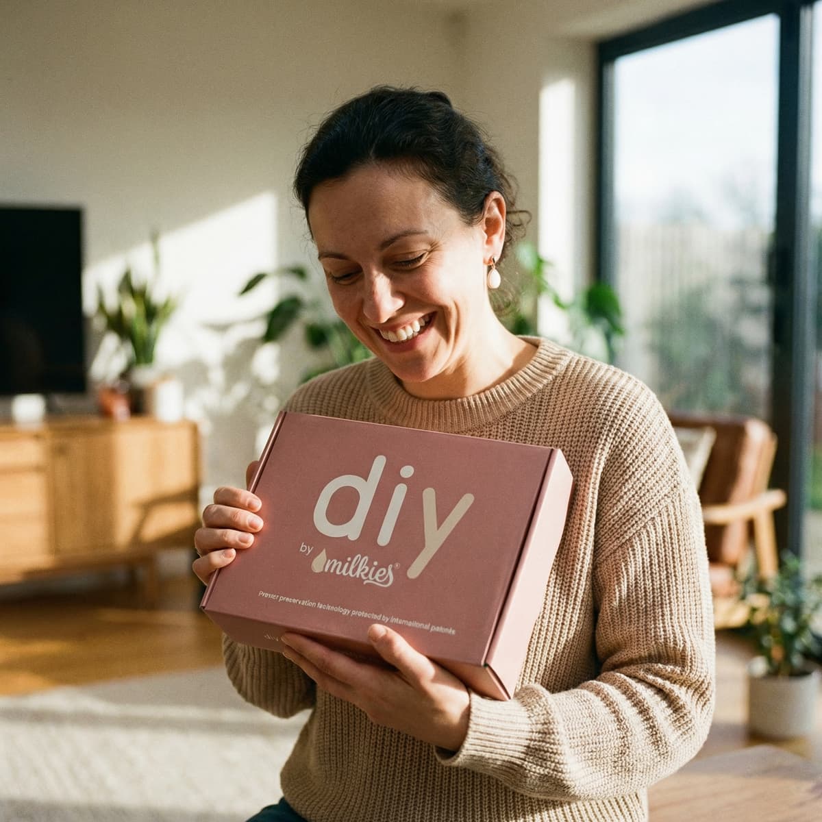 Femme souriante tenant une boîte DIY by MILKIES, kit à domicile pour créer des bijoux oreilles lait maternel en toute autonomie et conserver un souvenir précieux.